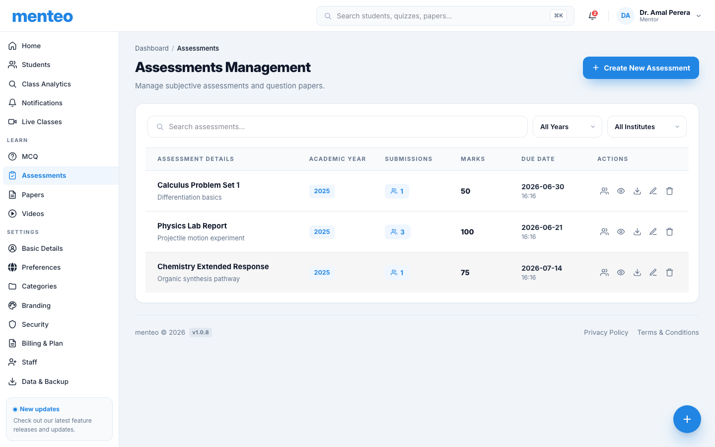 Assessment list with grading panel for student submissions