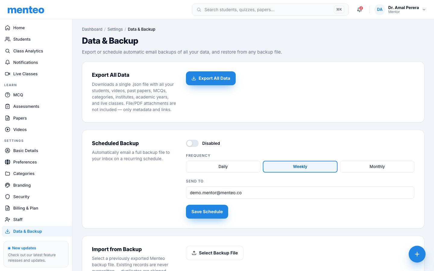 Data & Backup page showing export, import, and scheduled backup controls