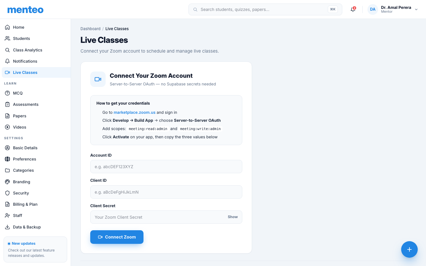 Live classes list with schedule, join, and manage controls