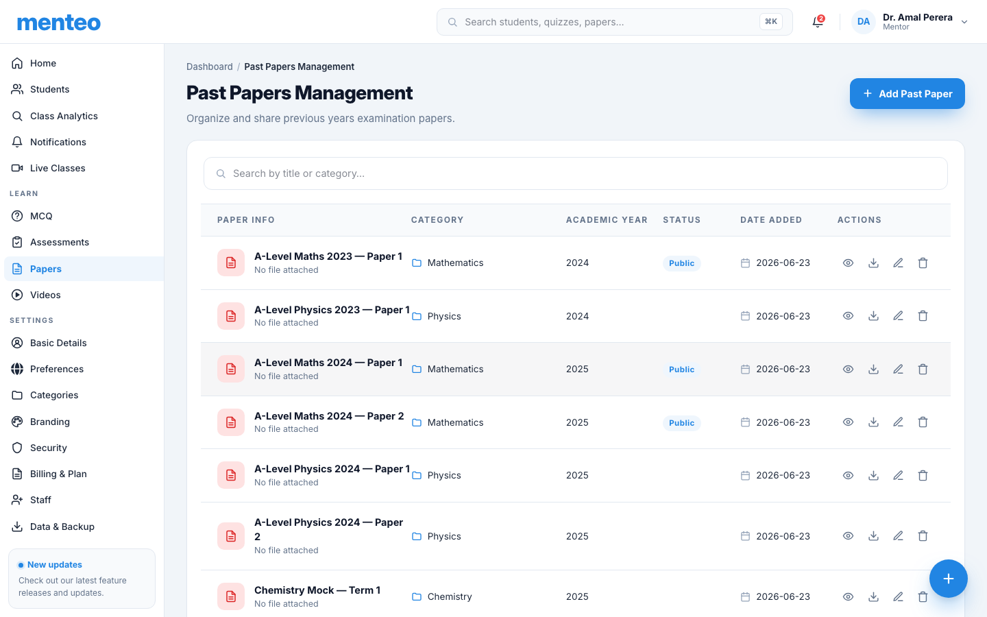 Past papers list with upload modal