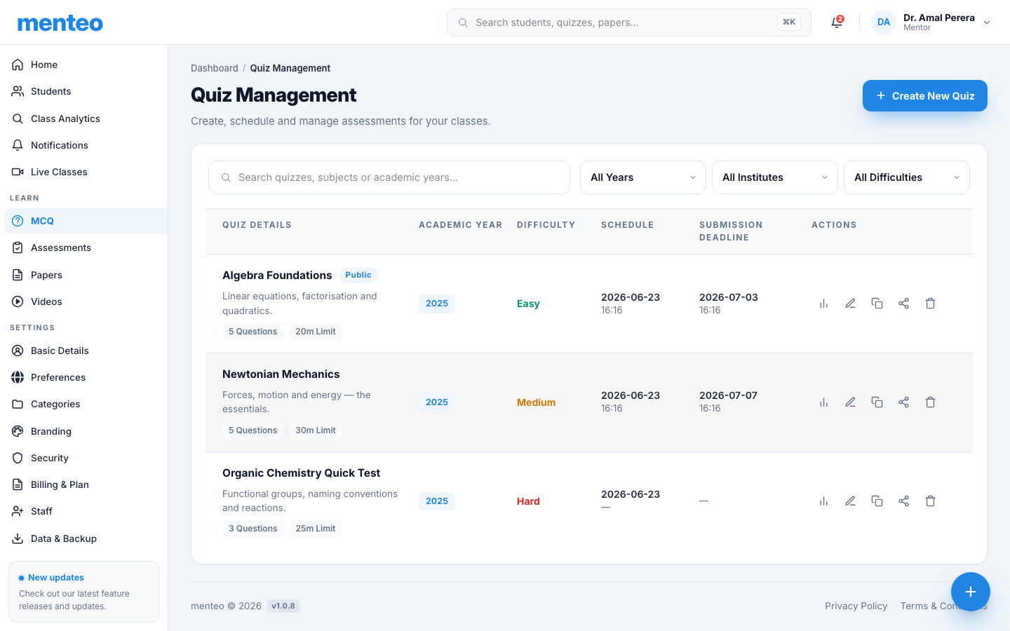 Quiz management list with create, edit, copy, and delete actions