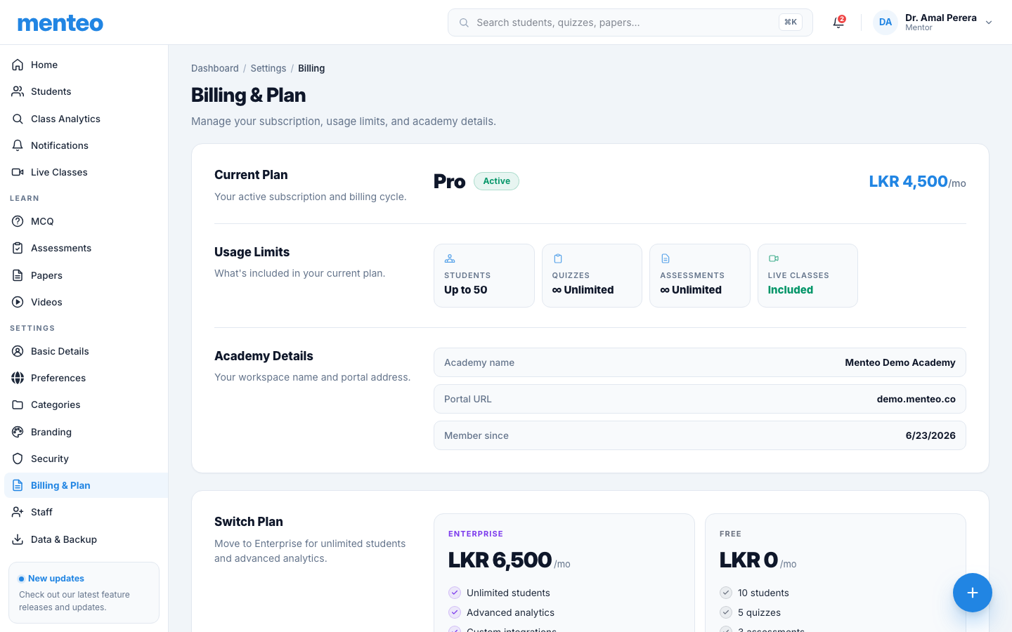 Settings page with academy profile, academic years, and notification controls