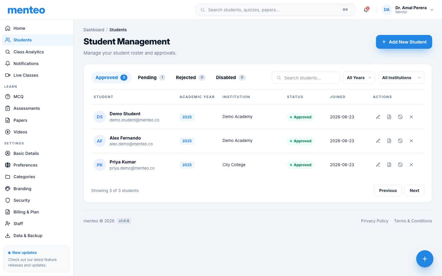 Student roster with approval controls and performance stats