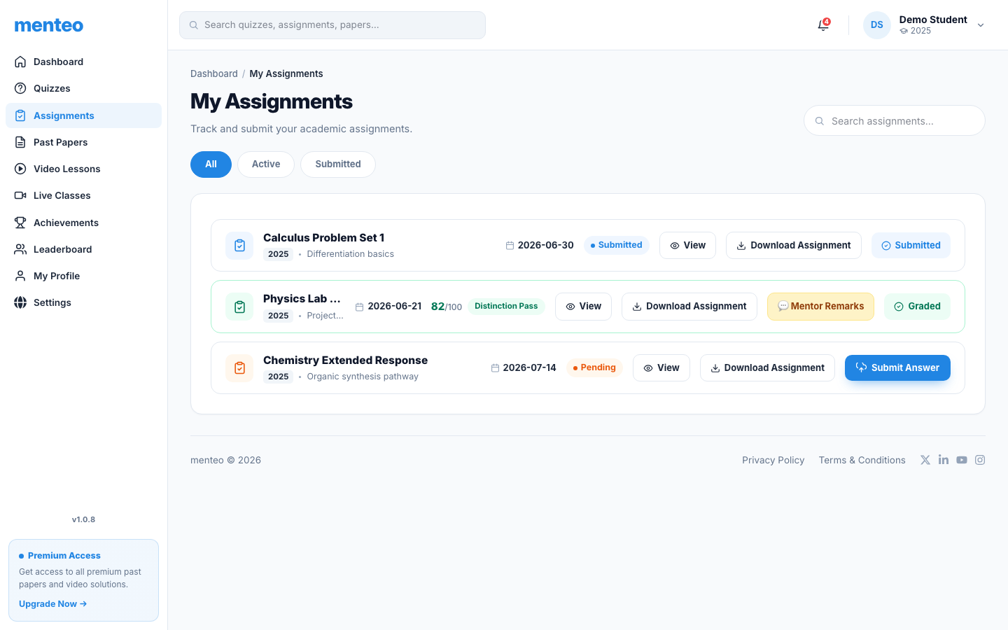 Assessments list showing status, due dates, and submission options