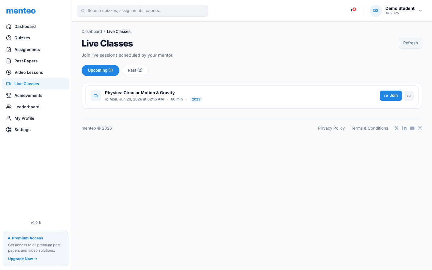 Live classes list with countdown and Join button
