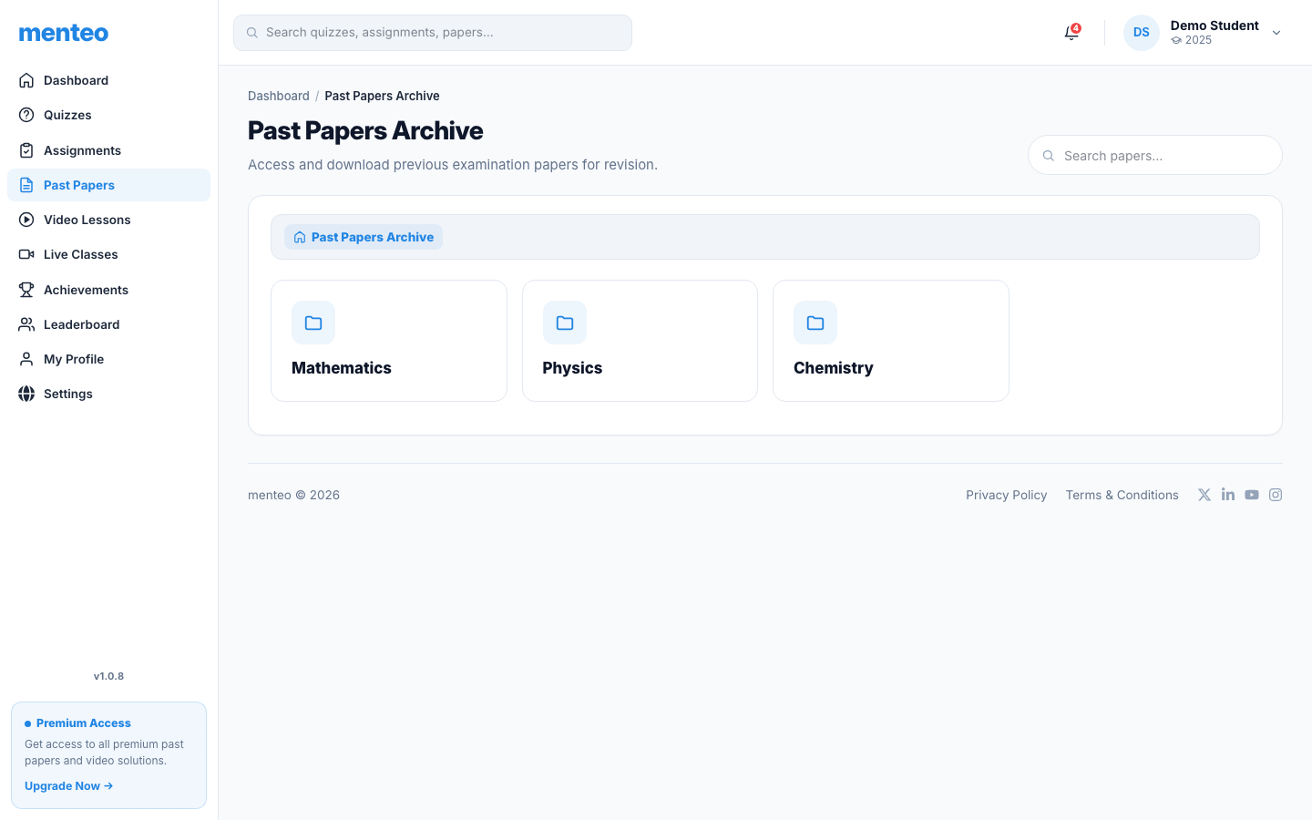 Past papers grouped by subject category with download buttons