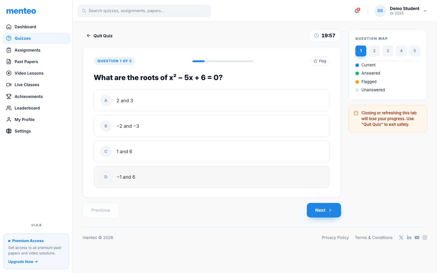 Quiz question screen with timer and answer options