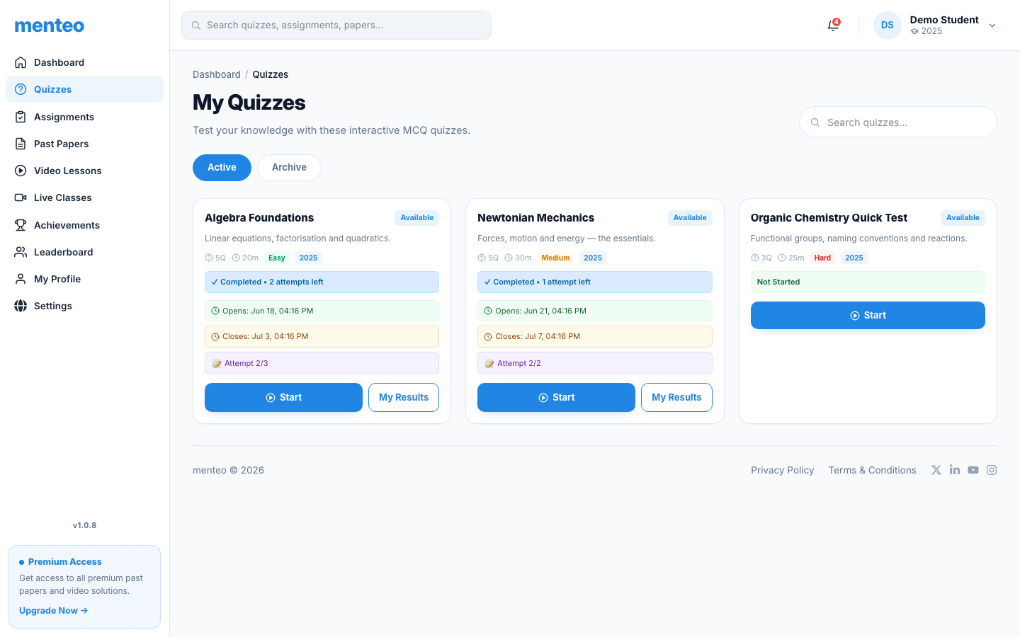 Quiz list showing active quizzes with difficulty, time limit, and deadline